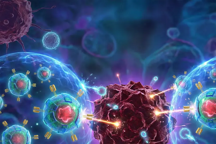 Microscopic view of immune T cells attacking a cancer cell — gut Akkermansia muciniphila levels influence how effectively the immune system responds to checkpoint inhibitor immunotherapy