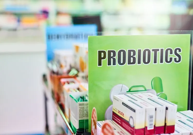 Probiotic supplements on pharmacy shelf — Akkermansia supplements are available through online retailers in the UK